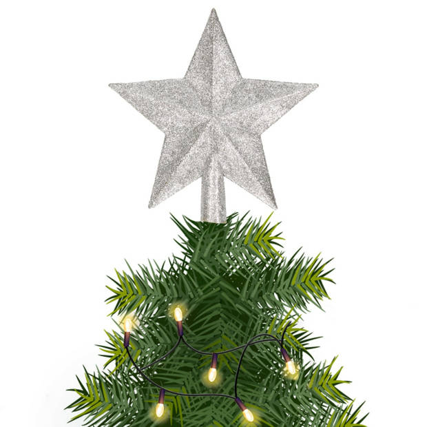 Mini Kerstboom piek zilver 14 cm met glitters - Kleine kerstpieken - kerstboompieken