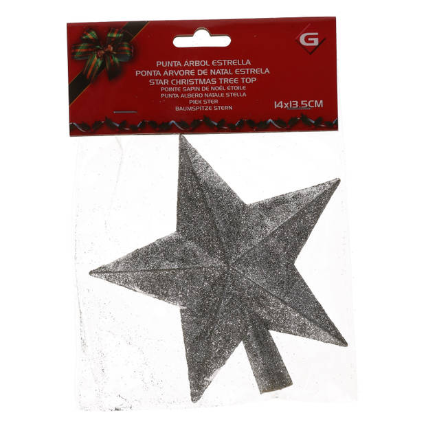 Mini Kerstboom piek zilver 14 cm met glitters - Kleine kerstpieken - kerstboompieken