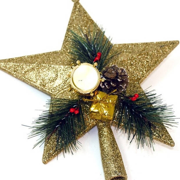 Kunststof kerstboom ster piek goud 21 cm - Kerstpieken met decoratie - kerstboompieken