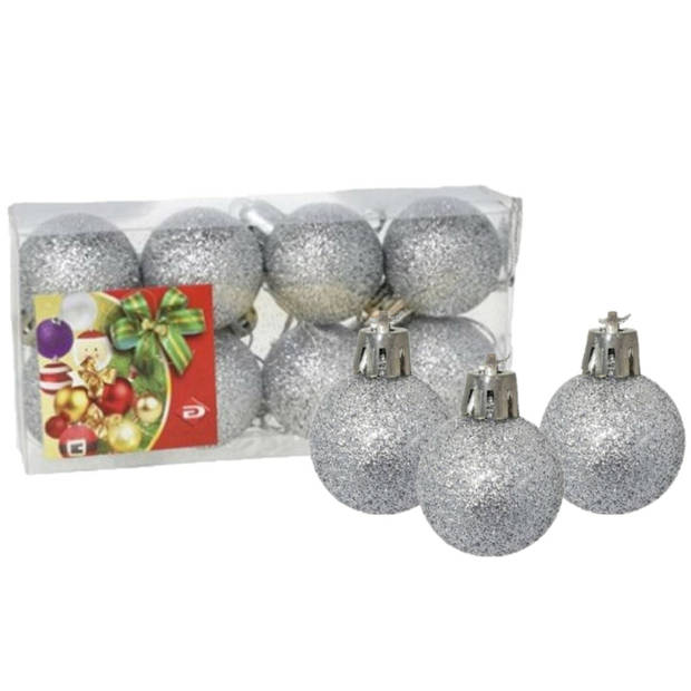 Gerim Mini kerstballen - 8x st - zilver - glitter - 3 cm - kunststof - Kerstbal