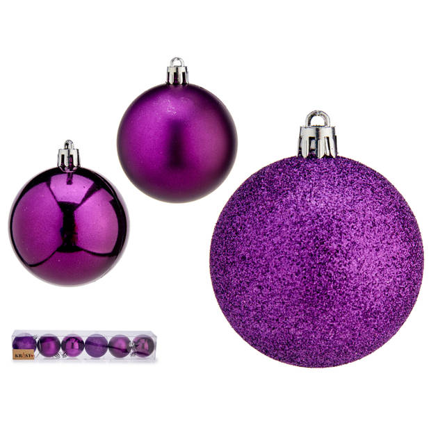 Krist+ kerstballen - 6x st - paars - kunststof - 6 cm - Kerstbal