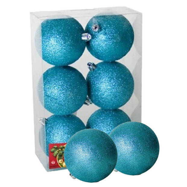 6x stuks kerstballen ijsblauw glitters kunststof 4 cm - Kerstbal