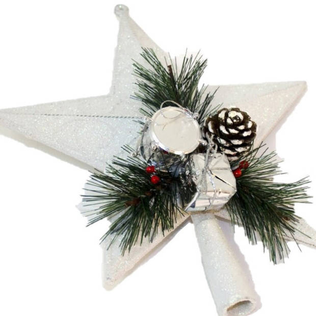 Kunststof kerstboom ster piek wit 21 cm - Kerstpieken met decoratie - kerstboompieken