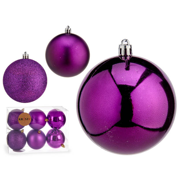 Kerstballen - 12x st - paars - kunststof - 6 en 8 cm - kerstversiering - Kerstbal