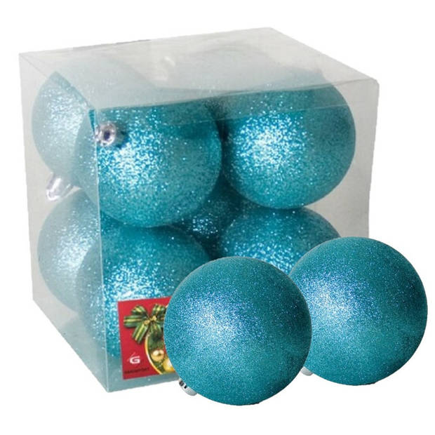 8x stuks kerstballen ijsblauw glitters kunststof 7 cm - Kerstbal