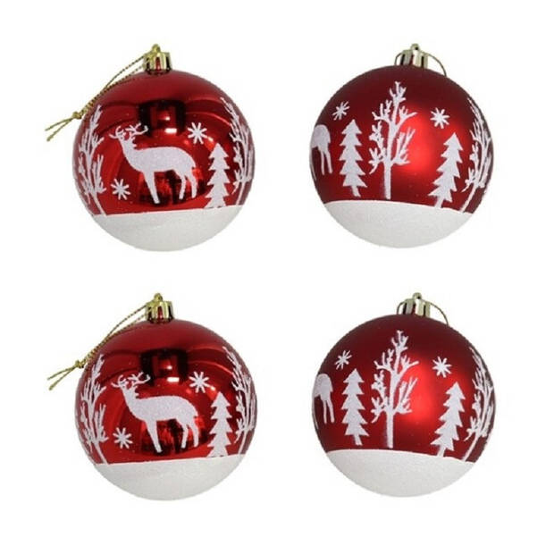 Gerimport Kerstballen - rood - 4ST - gedecoreerd - D8 cm - kunststof - Kerstbal