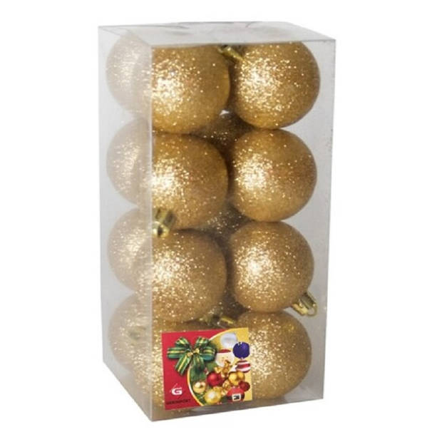 Gerimport Kerstballen - 16x - goud - kunststof - glitters - D5 cm - Kerstbal