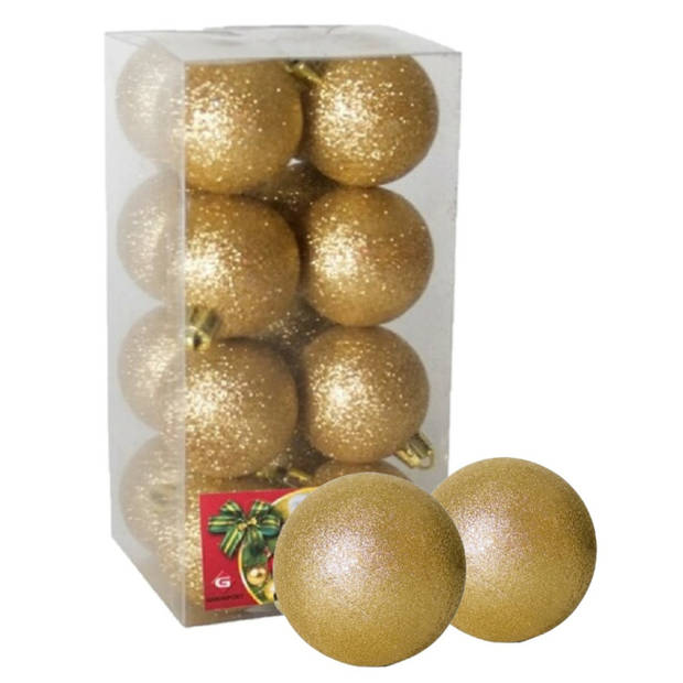 16x stuks kerstballen goud glitters kunststof 5 cm - Kerstbal