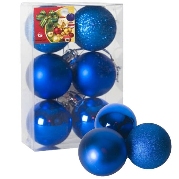 Gerimport Kerstballen - 6 stuks - blauw - kunststof - D4 cm - Kerstbal