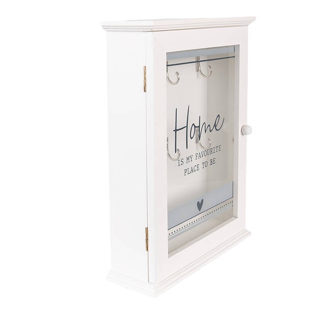 Clayre & Eef Sleutelkastje 20x6x27 cm Wit Hout Glas Rechthoek Home is my favourite place to be Sleutelhouder Wit
