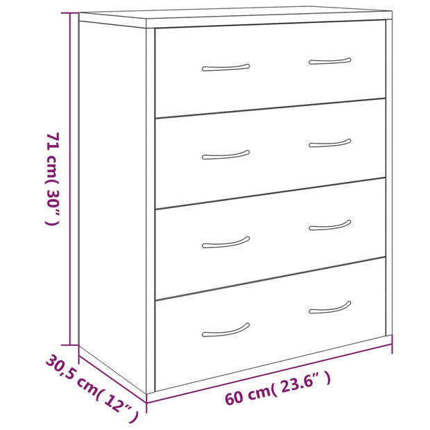 The Living Store Dressoir High Gloss White - 60 x 30.5 x 71 cm - 4 lades