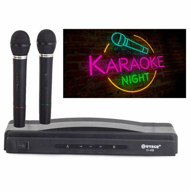 Karaoke set met 2 draadloze microfoons en receiver - Incl batterijen - Zwart