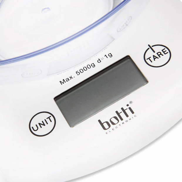 Botti - Bowl - Keukenweegschaal - Digitaal - Afneembare kom 2L - Wegen tot 5 kg - 1 gram nauwkeurig - Wit - Transparant
