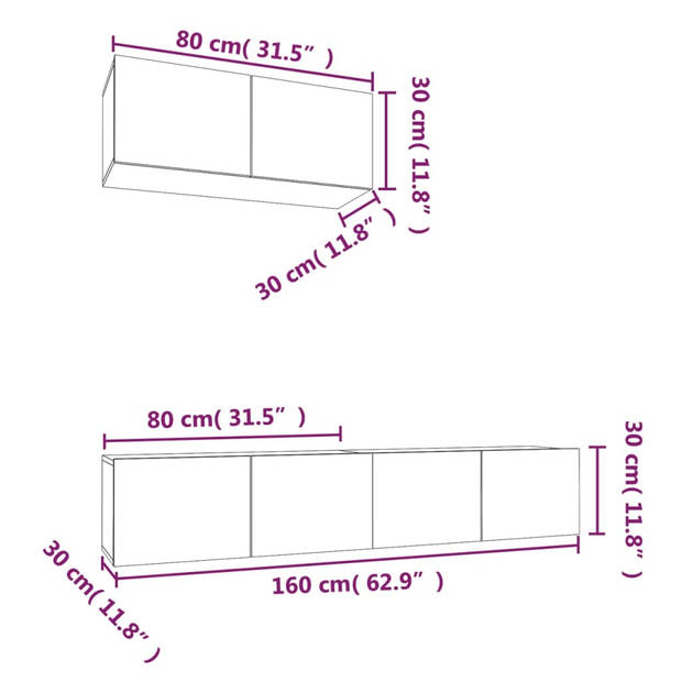 The Living Store TV-meubelset - Hoogglans wit - 80 x 30 x 30 cm - 3 stuks