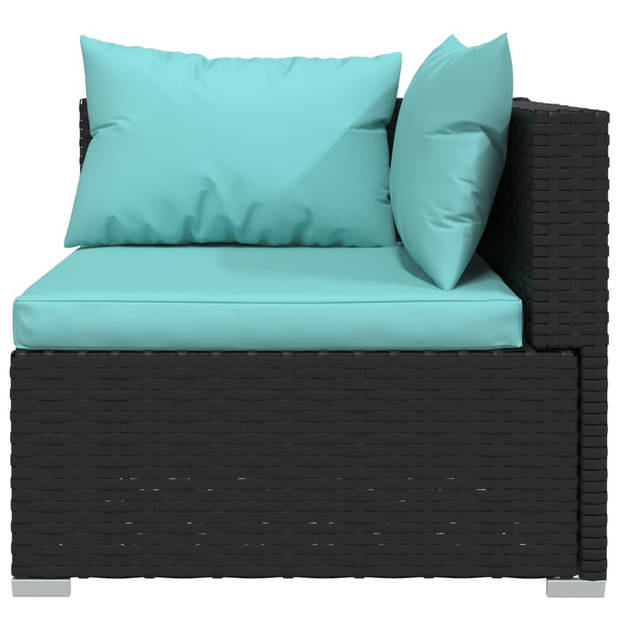 The Living Store Loungeset - PE-rattan modulair design - zwart - 70x70x60.5 - inclusief kussens - waterblauw - monteert