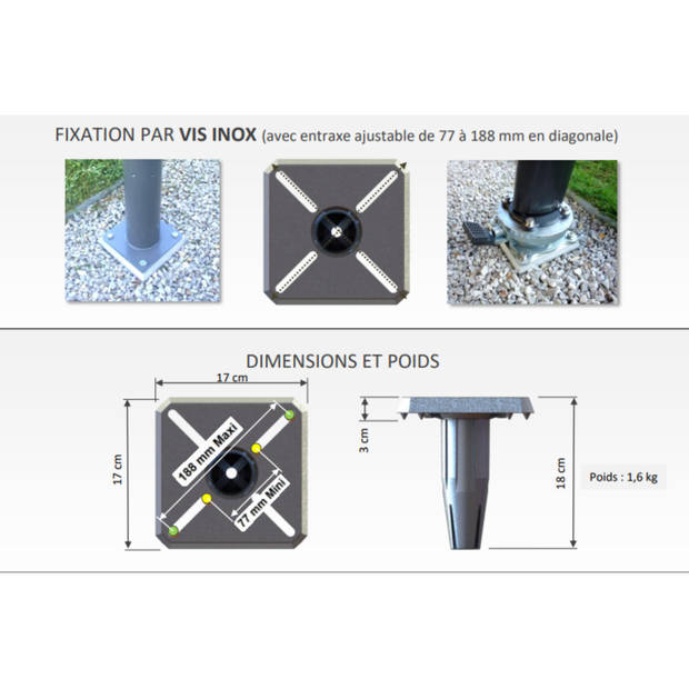 Gard & Rock® Afstelbaar Voetstuk voor zweefparasols - Aan te sluiten op het grondanker - Aluminium