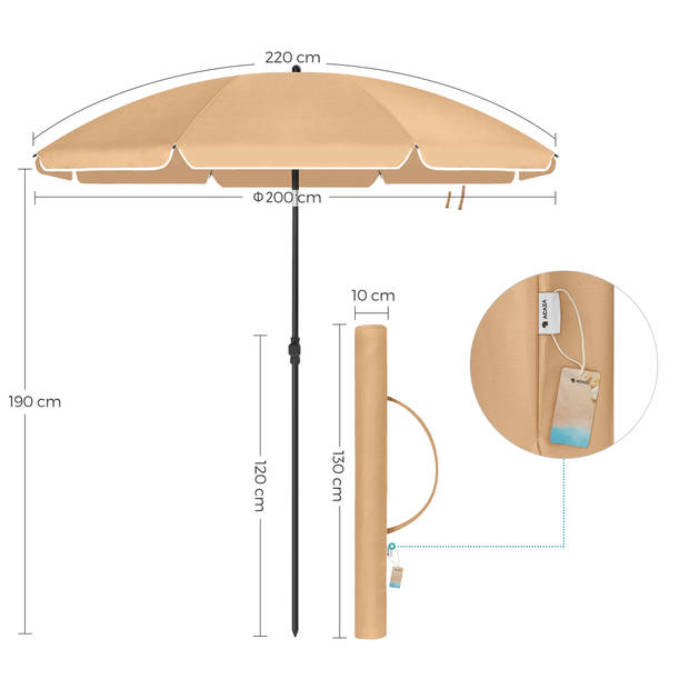 ACAZA Parasol 180 cm diameter, rond / achthoekige strandparasol, knikbaar, kantelbaar, met draagtas - taupe