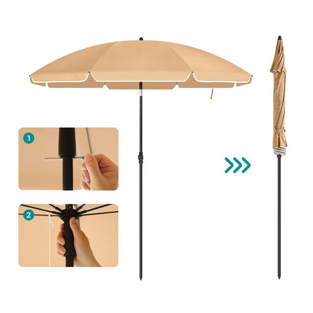 Parasol 180 cm diameter, rond / achthoekige strandparasol, knikbaar, kantelbaar, met draagtas - taupe