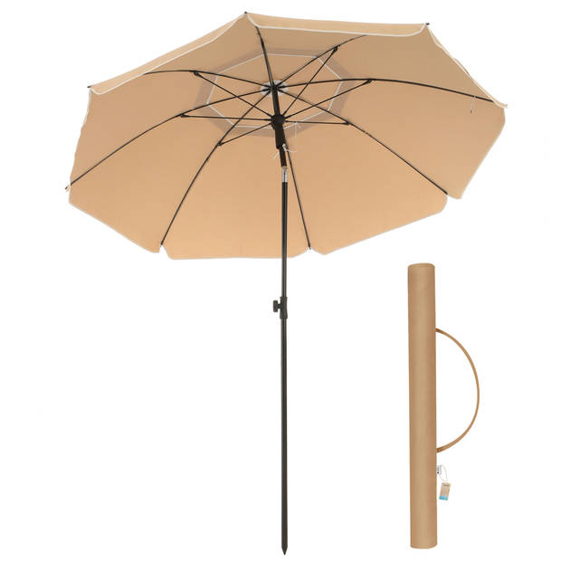 Parasol 180 cm diameter, rond / achthoekige strandparasol, knikbaar, kantelbaar, met draagtas - taupe