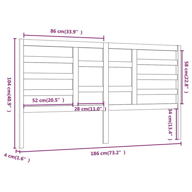 vidaXL Hoofdbord 186x4x104 cm massief grenenhout