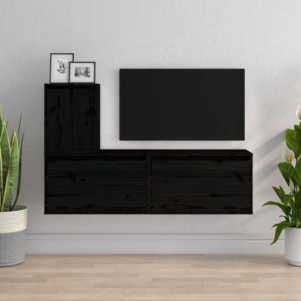 The Living Store Televisiekasten - Klassiek design - Massief grenenhout - Zwarte kleur - 2x 60x30x35 cm - 1x 30x30x40