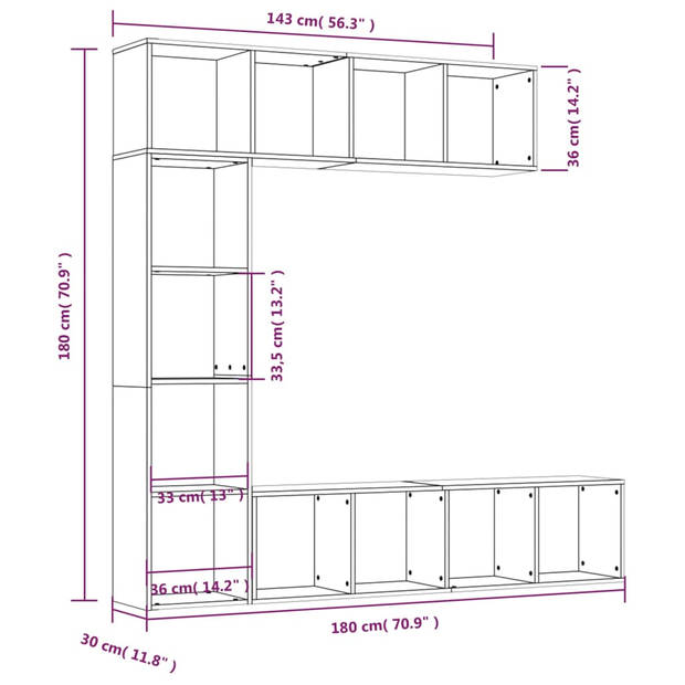 vidaXL 3-delige boekenkast- / tv-meubelset 180x30x180 cm grijs sonoma