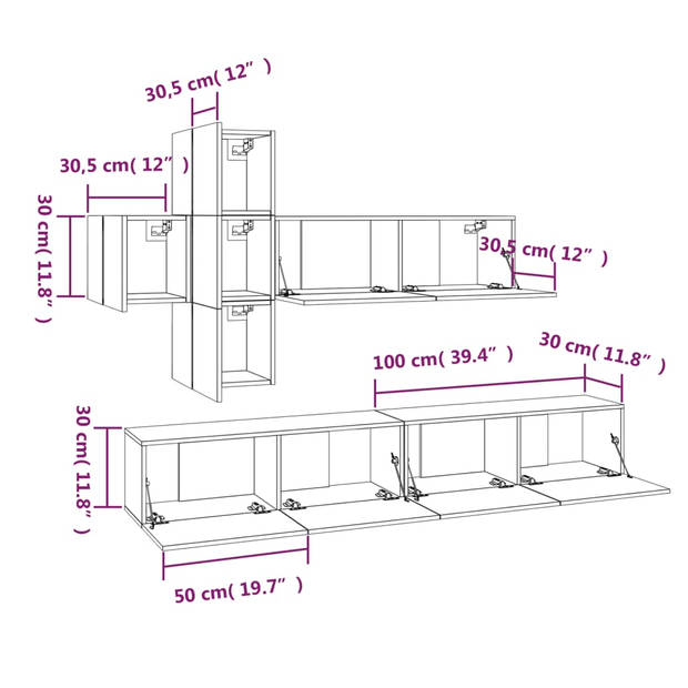 The Living Store Televisiemeubelset - Grijs Sonoma Eiken - Wandgemonteerde TV-Kasten - 4x 30.5 x 30 x 30 cm + 3x 100 x