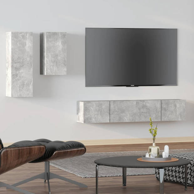 The Living Store Televisiemeubelset Betongrijs - Klassiek design - Wandgemonteerde functie - Hoge kwaliteit hout -