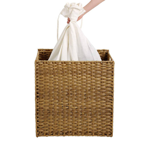 Geweven wasmand - 2 vakken van elk 55 liter - synthetische rotan - 57x60x33 cm - bruin