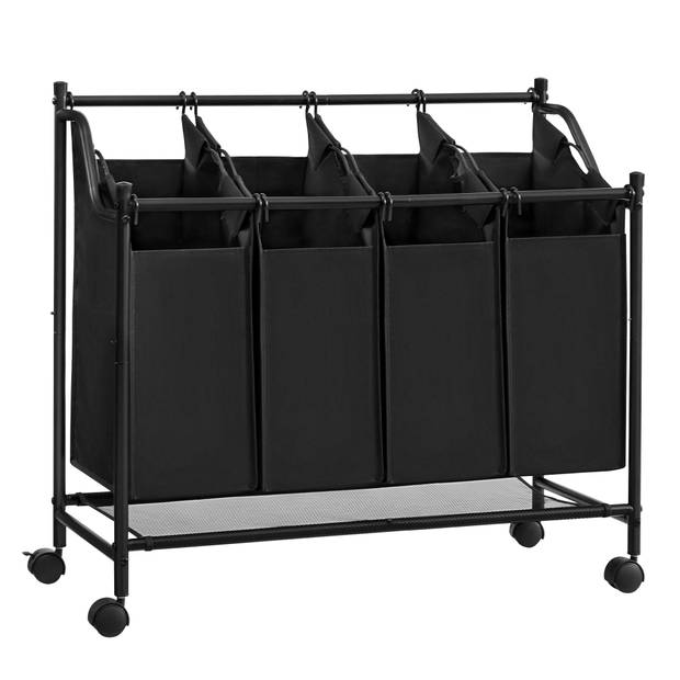 Mobiele wasmand - 4 vakken van elk 35 liter - 81 x 88 x 39 cm - zwart