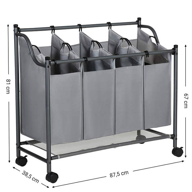 Mobiele wassorteerder - 4 vakken van elk 35 liter - 81x88x39 cm - grijs