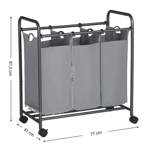 Mobiele wasmand - 3 vakken van elk 44 liter - 77x41x81.5 cm - grijs