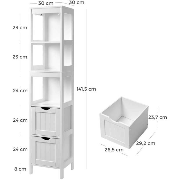 Hoge badkamerkast - 2 lades en 3 vakken - 30x141.5x30 cm - wit