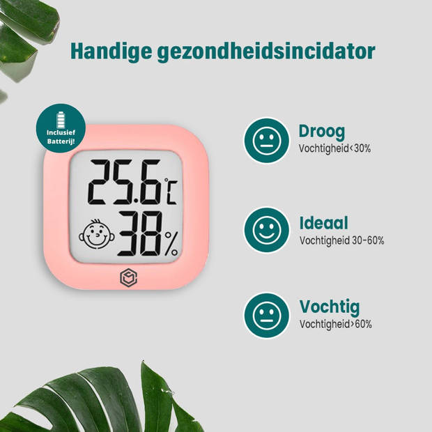 Ease Electronicz Hygrometer roze - Luchtvochtigheidsmeter - Thermometer binnen - Incl. Batterij en plakstrip