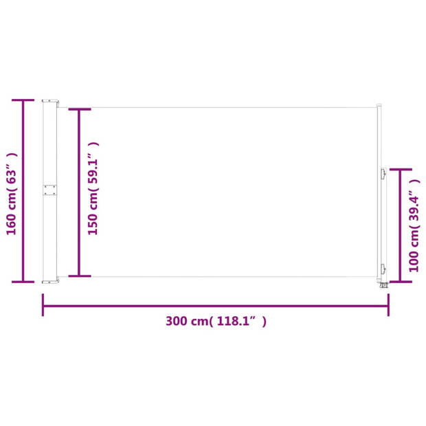 The Living Store Zijscherm 160x(0-300) cm Grijs - UV - scheurbestendig polyester - Automatische terugrolfunctie