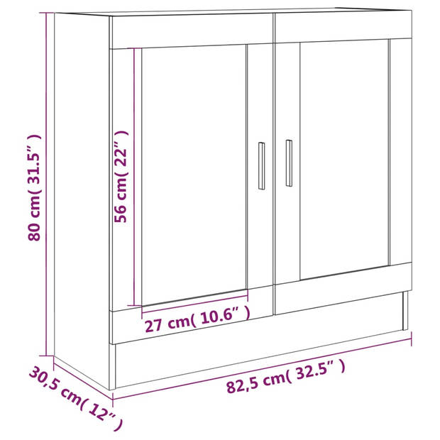 The Living Store Vitrinekast - Bruineiken - 82.5 x 30.5 x 80 cm - 2 vakken - 2 glazen deuren
