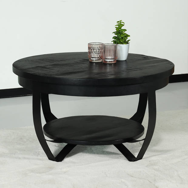 Salontafel rond mangohout Sandy zwart side table industrieel duurzaam massief hout mango bijzettafel