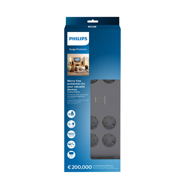 Philips 8-voudige Stekkerdoos - SPN5085B/10 - 230V - Type F - Netspanningsbeveiliging - Coax- en Telefoonaansluitingen