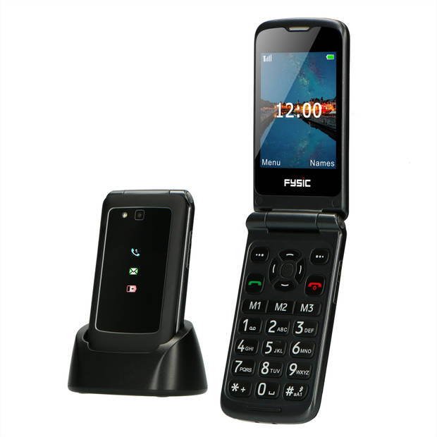 Mobiele klaptelefoon voor senioren met SOS paniekknop Fysic Zwart