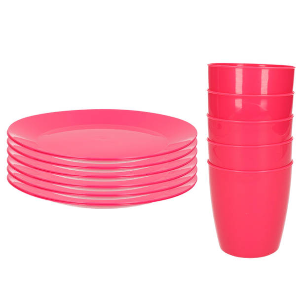 Kunststof ontbijt/diner 6x bordjes 26 cm en 5x bekertjes 300 ML set roze - Campingborden