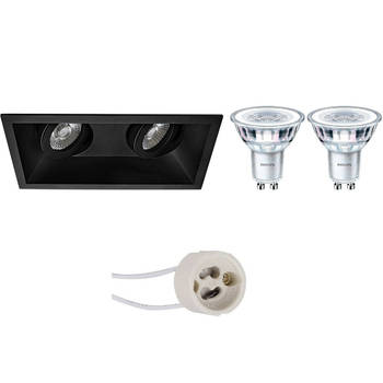 LED Spot Set - Pragmi Zano Pro - GU10 Fitting - Inbouw Rechthoek Dubbel - Mat Zwart - Kantelbaar - 185x93mm - Philips -