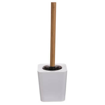 WC-/toiletborstel met houder vierkant wit kunststof/bamboe 38 cm - Toiletborstels