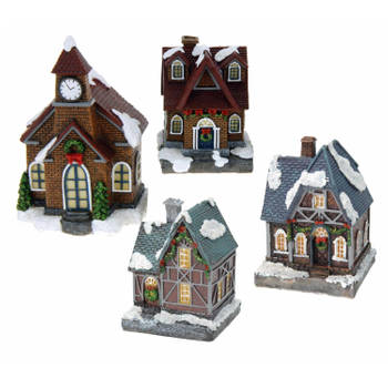 Kerstdorp huisjes set van 4x huisjes met Led verlichting 13.5 cm - Kerstdorpen