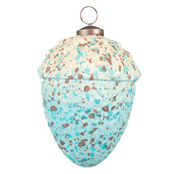 Clayre & Eef Kerstbal Eikel Ø 9 cm Turquoise Beige Glas Metaal Kerstdecoratie Turquoise Kerstdecoratie