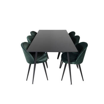 SilarBL180 eethoek eetkamertafel zwart en 6 Velvet eetkamerstal velours groente, zwart.