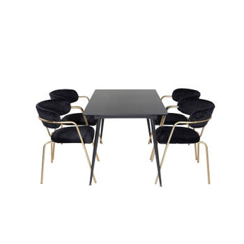 SilarBLExt eethoek eetkamertafel uitschuifbare tafel lengte cm 120 / 160 zwart en 4 Arrow eetkamerstal velours zwart.