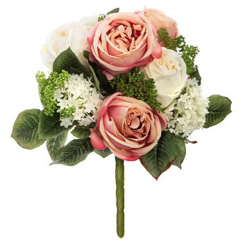 Atmosphera kunstbloemen boeket wit/roze rozen 35 cm - Kunstbloemen