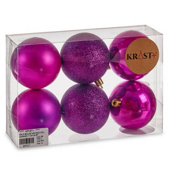 Krist+ kerstballen - 6x st - paars - kunststof - 7 cm - Kerstbal