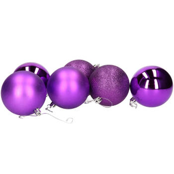 6x stuks kerstballen paars mix van mat/glans/glitter kunststof 8 cm - Kerstbal