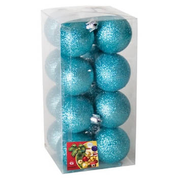 16x stuks kerstballen ijsblauw glitters kunststof 5 cm - Kerstbal